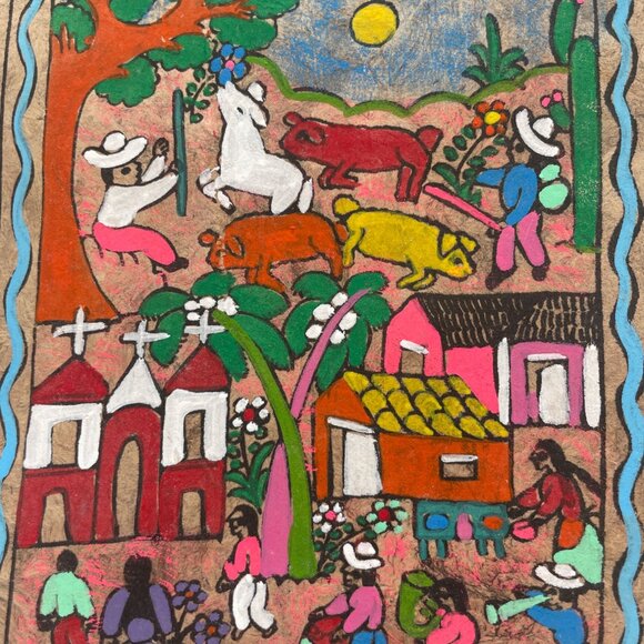 Mexican Folk Art Hand-Painted Bark Paper Amate Brightly Colored Painting - Picture 2 of 2
